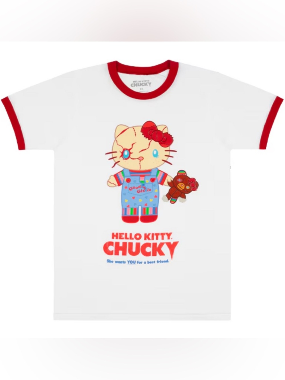 NWT Universal Studios Exclusive Hello Kitty Chucky Ringer Shirt Top Size Small